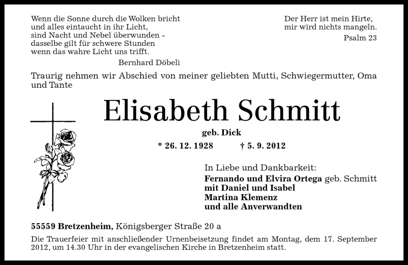  Traueranzeige für Elisabeth Schmitt vom 13.09.2012 aus Oeffentlicher Anzeiger