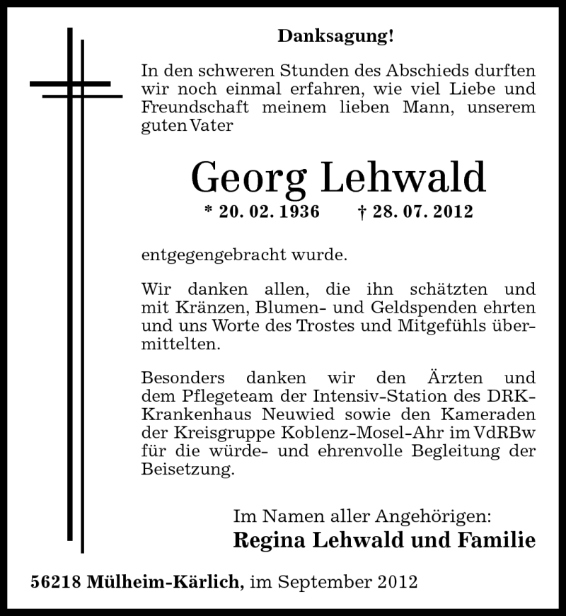  Traueranzeige für Georg Lehwald vom 22.09.2012 aus Rhein-Zeitung