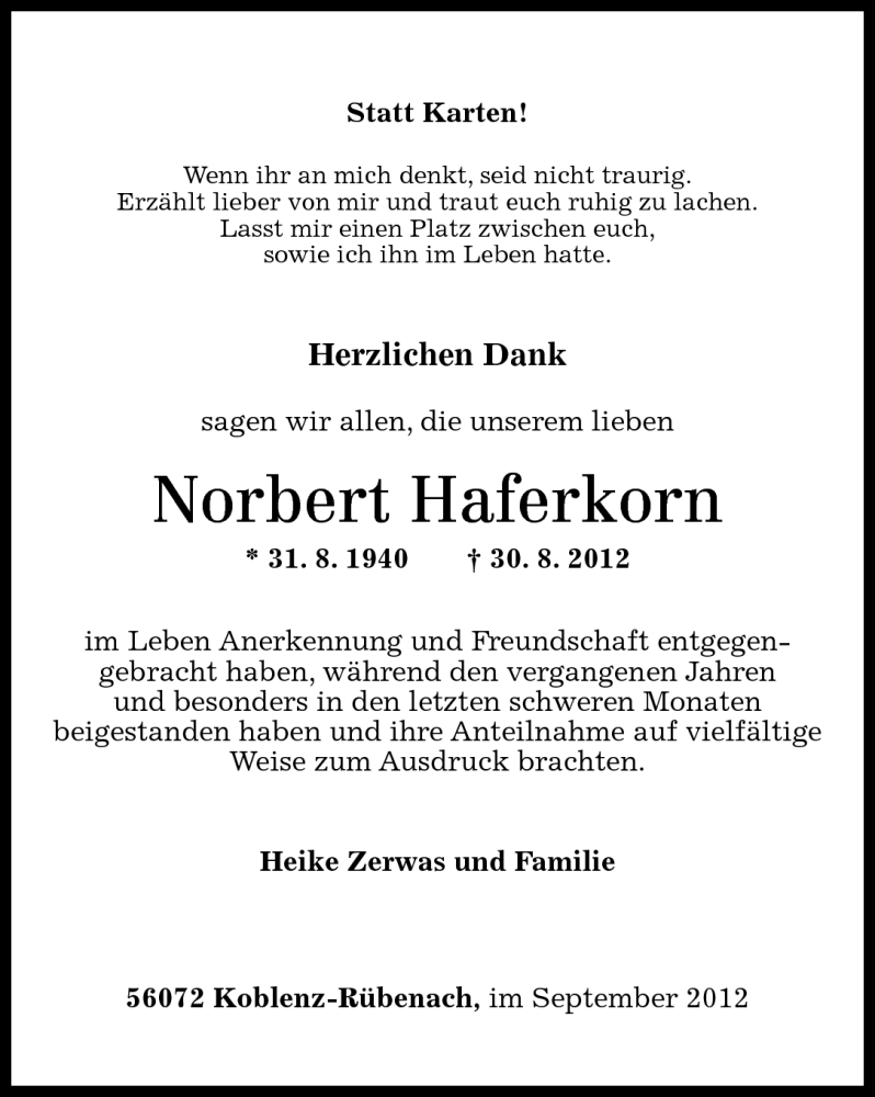  Traueranzeige für Norbert Haferkorn vom 22.09.2012 aus Rhein-Zeitung