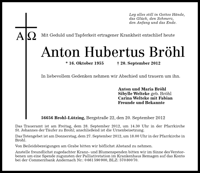  Traueranzeige für Anton Hubertus Bröhl vom 24.09.2012 aus Rhein-Zeitung