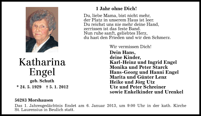  Traueranzeige für Katharina Engel vom 05.01.2013 aus Rhein-Zeitung