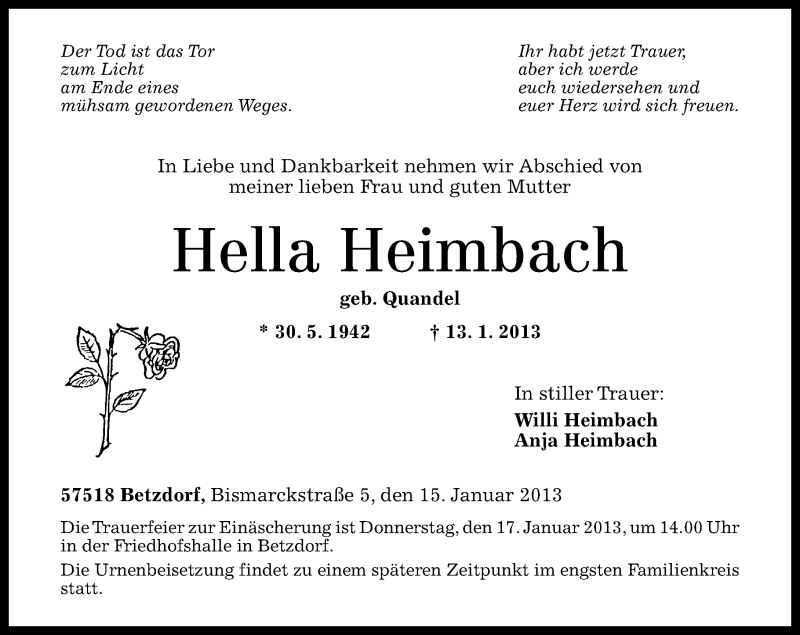  Traueranzeige für Hella Heimbach vom 15.01.2013 aus Rhein-Zeitung