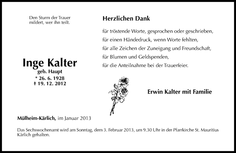  Traueranzeige für Inge Kalter vom 19.01.2013 aus Rhein-Zeitung