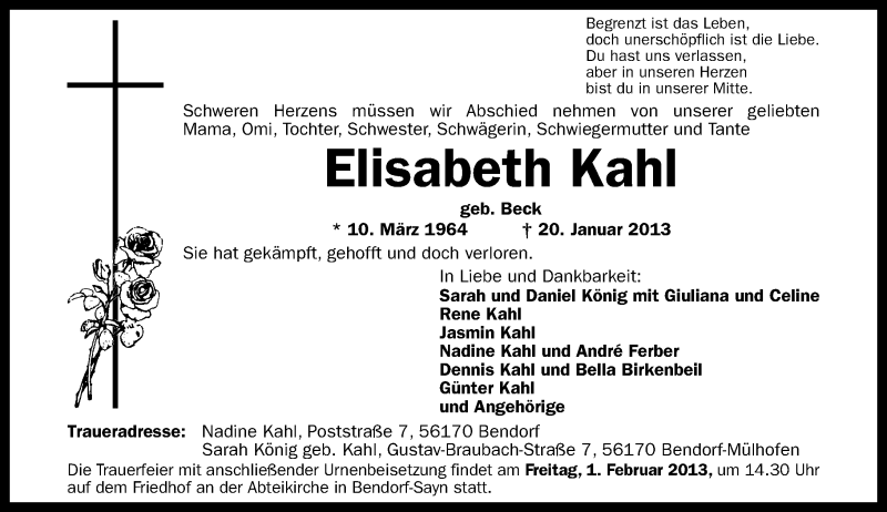  Traueranzeige für Elisabeth Kahl vom 26.01.2013 aus Rhein-Zeitung
