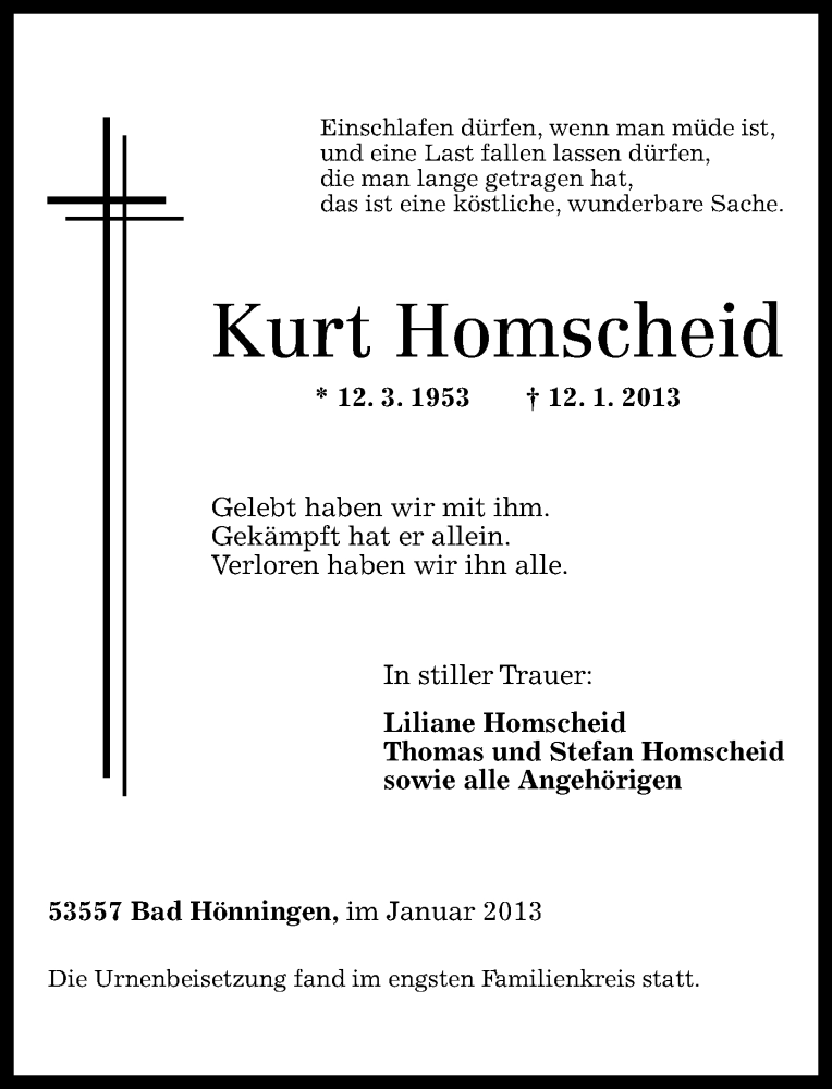  Traueranzeige für Kurt Homscheid vom 26.01.2013 aus Rhein-Zeitung