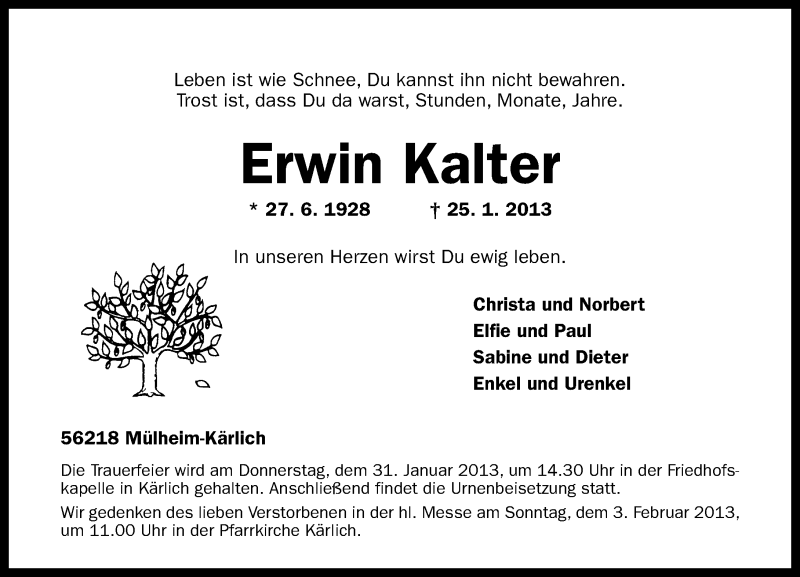 Traueranzeige für Erwin Kalter vom 28.01.2013 aus Rhein-Zeitung