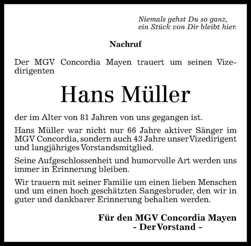  Traueranzeige für Hans Müller vom 05.10.2013 aus Rhein-Zeitung