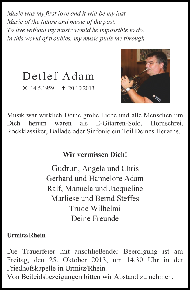  Traueranzeige für Detlef Adam vom 23.10.2013 aus Rhein-Zeitung