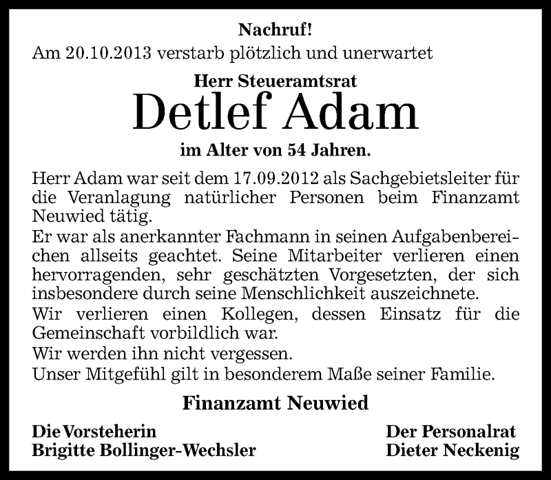  Traueranzeige für Detlef Adam vom 25.10.2013 aus Rhein-Zeitung