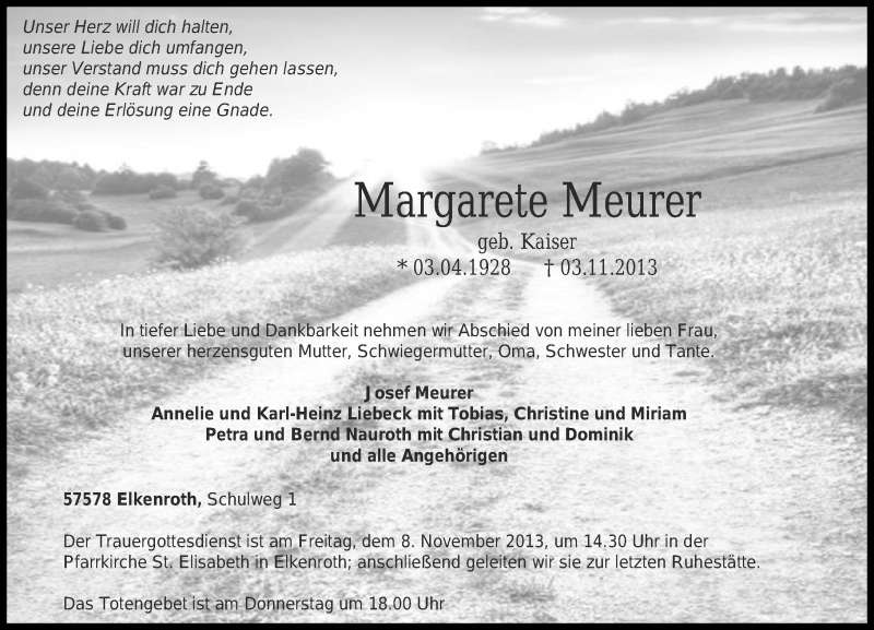  Traueranzeige für Margarete Meurer vom 06.11.2013 aus Rhein-Zeitung