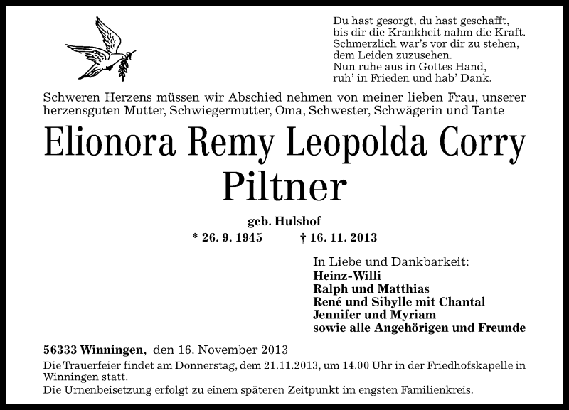  Traueranzeige für Elionora Remy Leopolda Corry Piltner vom 19.11.2013 aus Rhein-Zeitung