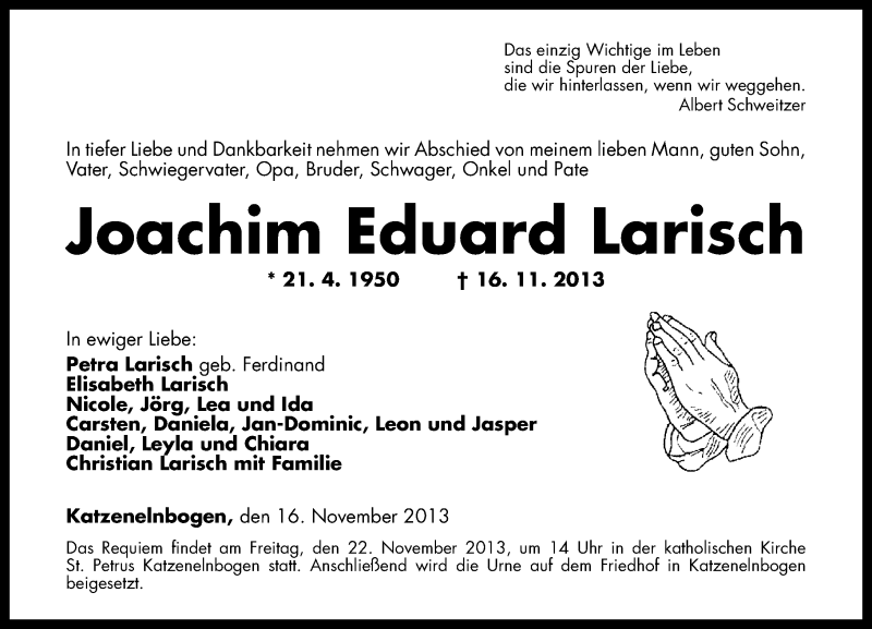  Traueranzeige für Joachim Eduard Larisch vom 20.11.2013 aus Rhein-Lahn-Zeitung