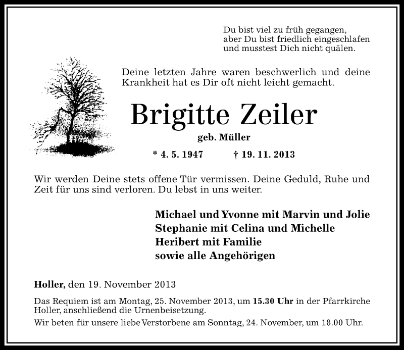  Traueranzeige für Brigitte Zeiler vom 22.11.2013 aus Rhein-Zeitung