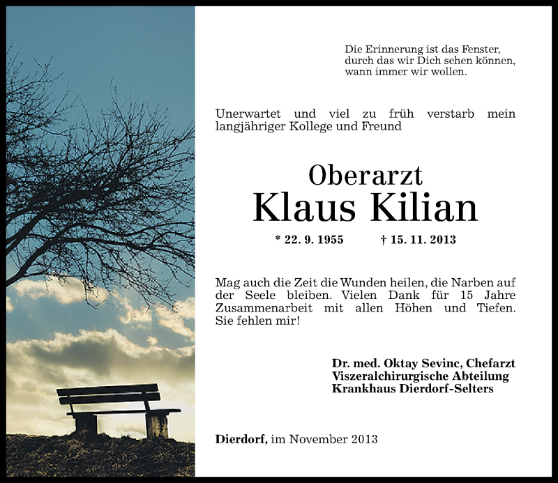  Traueranzeige für Klaus Kilian vom 23.11.2013 aus Rhein-Zeitung