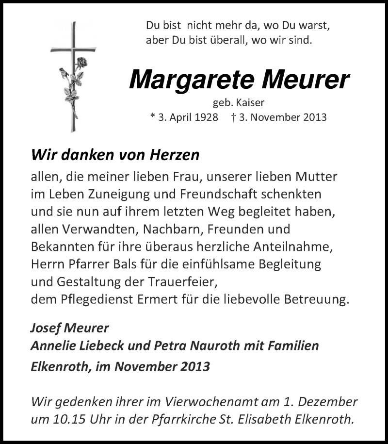  Traueranzeige für Margarete Meurer vom 26.11.2013 aus Rhein-Zeitung