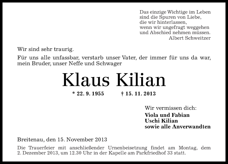  Traueranzeige für Klaus Kilian vom 26.11.2013 aus Westerwälder Zeitung
