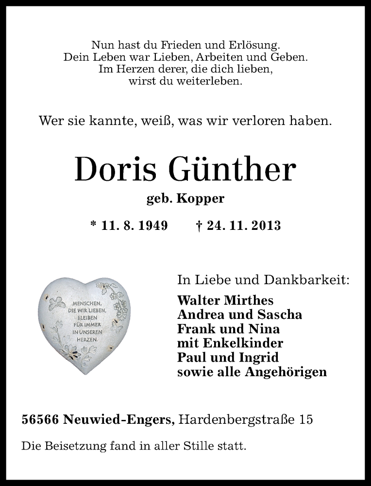  Traueranzeige für Doris Günther vom 30.11.2013 aus Rhein-Zeitung