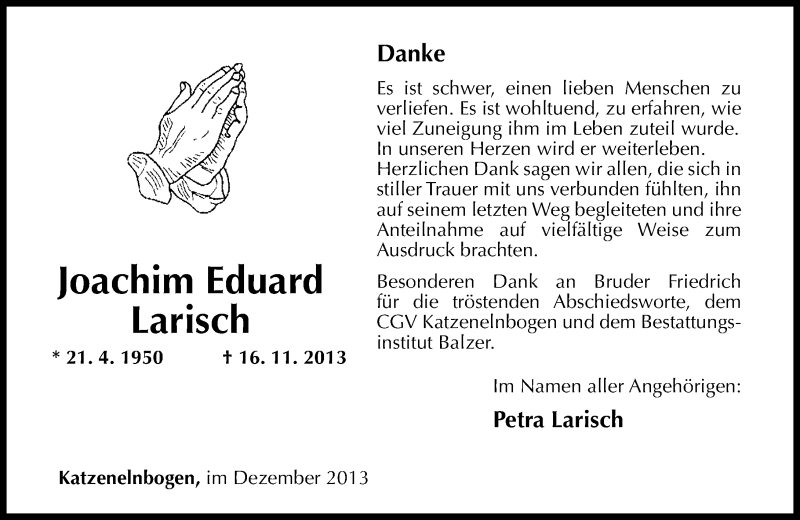  Traueranzeige für Joachim Eduard Larisch vom 14.12.2013 aus Rhein-Lahn-Zeitung