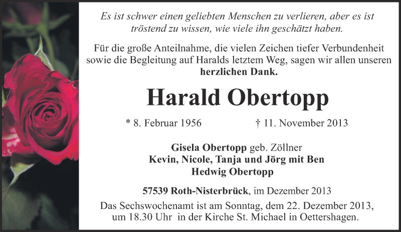 Traueranzeige für Harald Obertopp vom 14.12.2013 aus Rhein-Zeitung