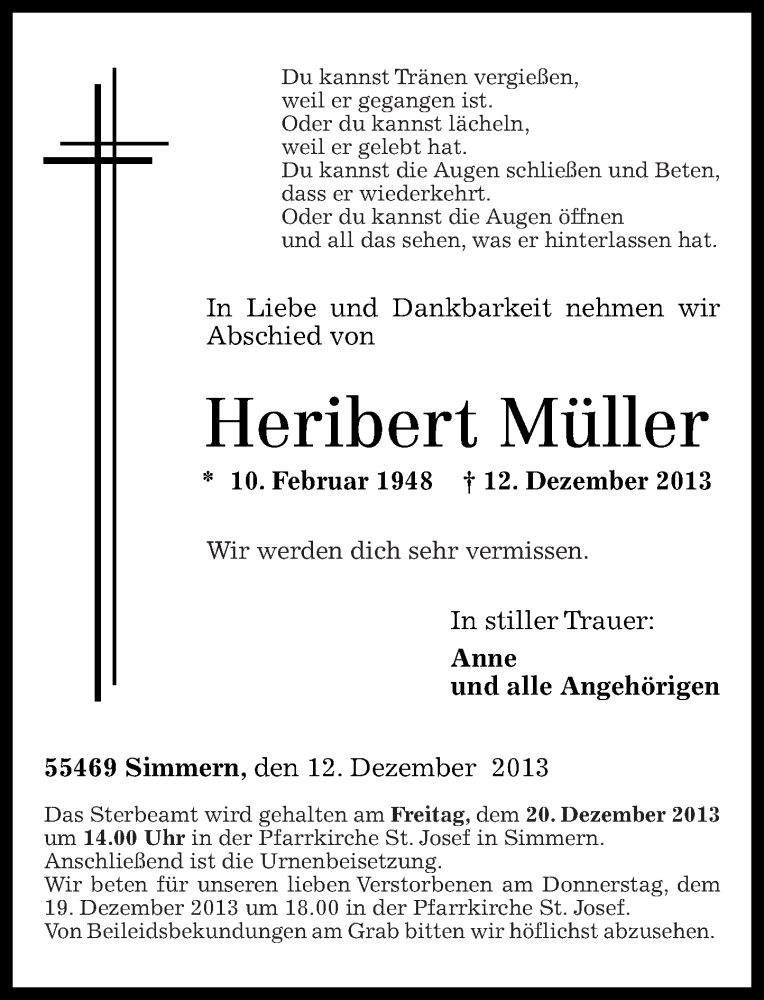  Traueranzeige für Heribert Müller vom 17.12.2013 aus Rhein-Hunsrück-Zeitung