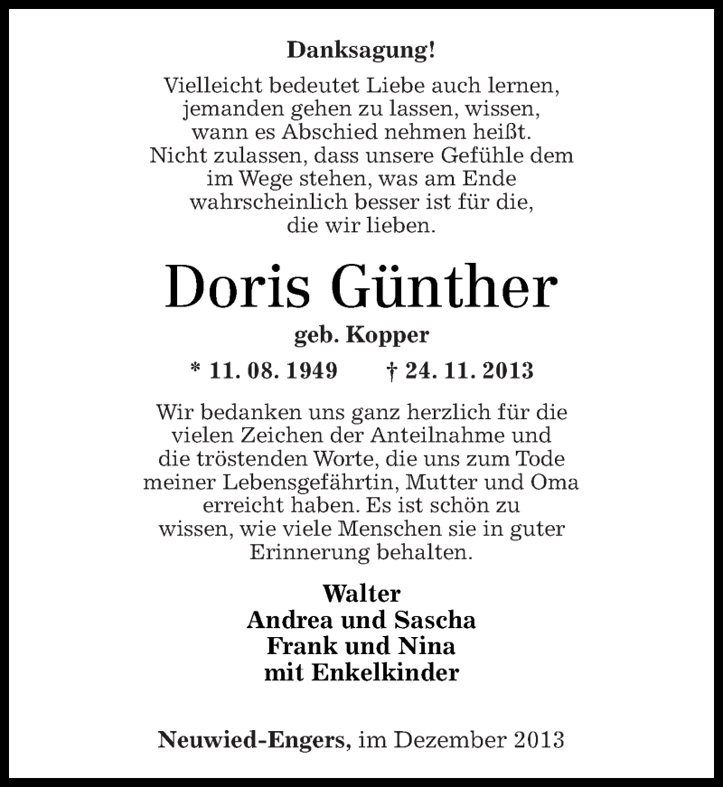  Traueranzeige für Doris Günther vom 21.12.2013 aus Rhein-Zeitung
