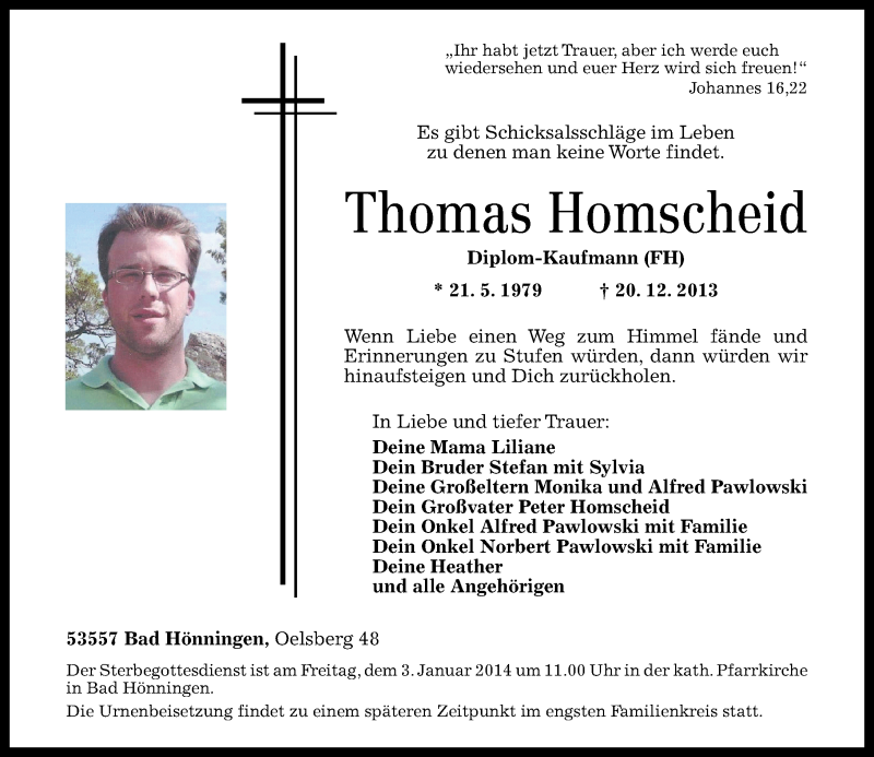  Traueranzeige für Thomas Homscheid vom 30.12.2013 aus Rhein-Zeitung