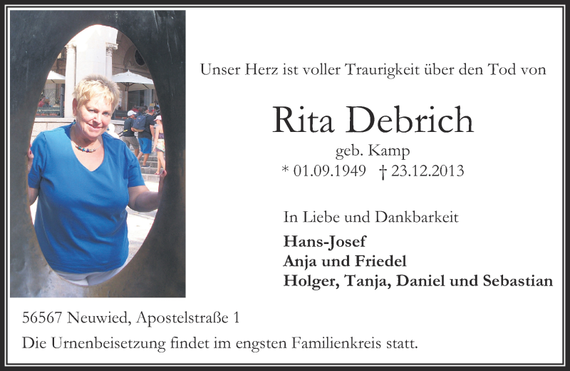  Traueranzeige für Rita Debrich vom 28.12.2013 aus Rhein-Zeitung