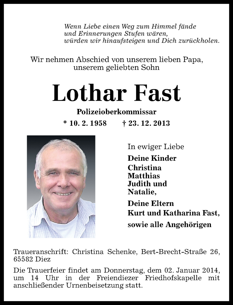  Traueranzeige für Lothar Fast vom 31.12.2013 aus Rhein-Lahn-Zeitung