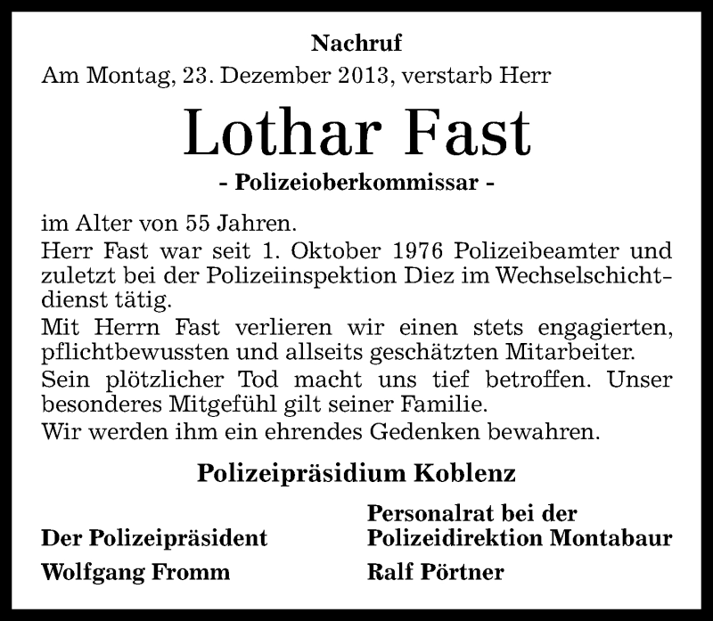  Traueranzeige für Lothar Fast vom 31.12.2013 aus Rhein-Zeitung