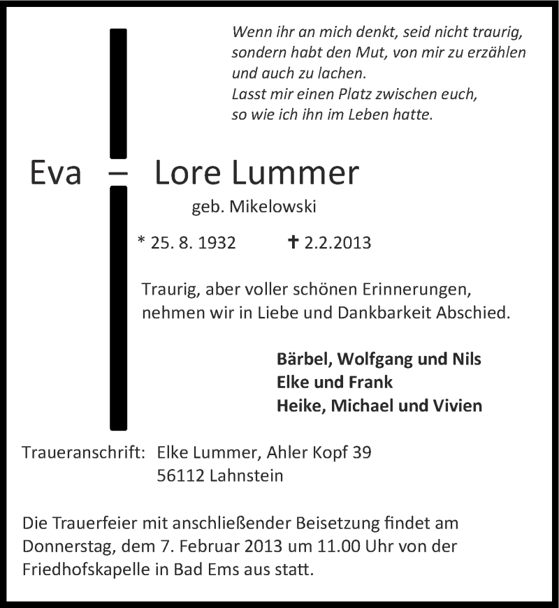  Traueranzeige für Eva-Lore Lummer vom 05.02.2013 aus Rhein-Lahn-Zeitung