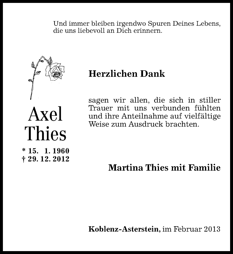  Traueranzeige für Axel Thies vom 09.02.2013 aus Rhein-Zeitung