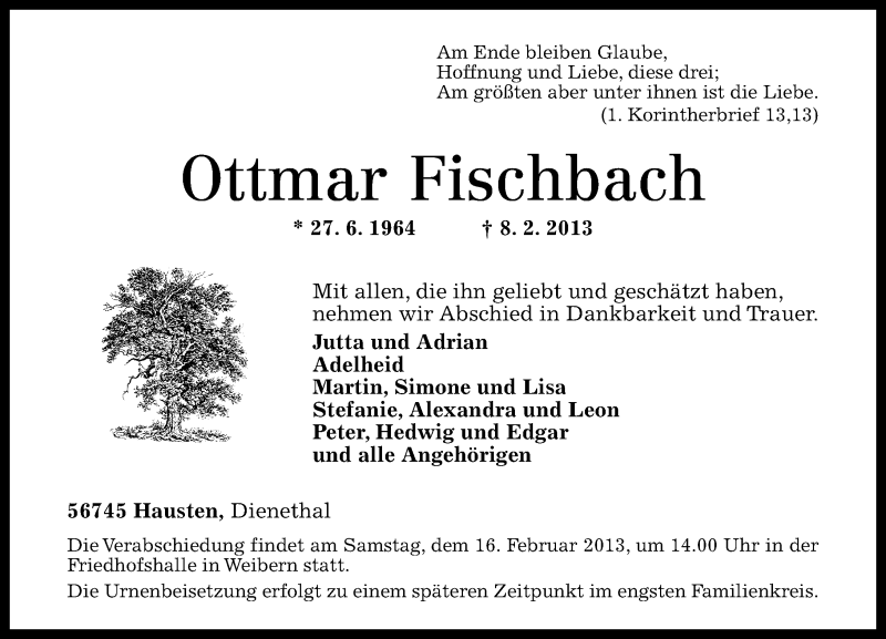 Traueranzeige für Ottmar Fischbach vom 15.02.2013 aus Rhein-Zeitung