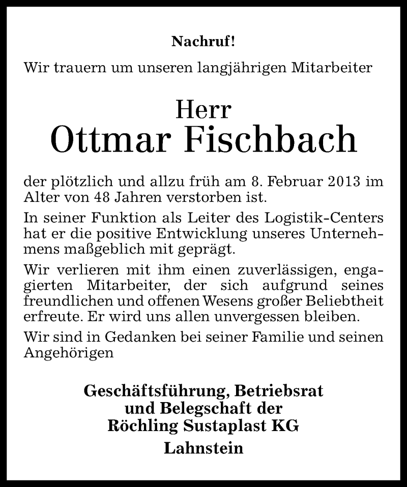  Traueranzeige für Ottmar Fischbach vom 16.02.2013 aus Rhein-Zeitung