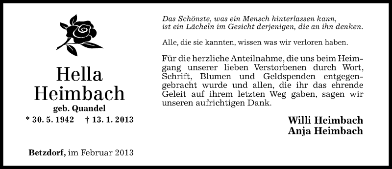  Traueranzeige für Hella Heimbach vom 22.02.2013 aus Rhein-Zeitung