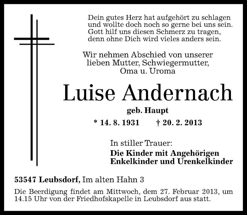  Traueranzeige für Luise Andernach vom 23.02.2013 aus Rhein-Zeitung