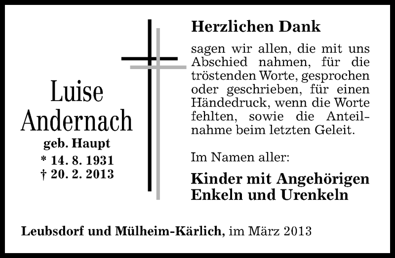  Traueranzeige für Luise Andernach vom 09.03.2013 aus Rhein-Zeitung