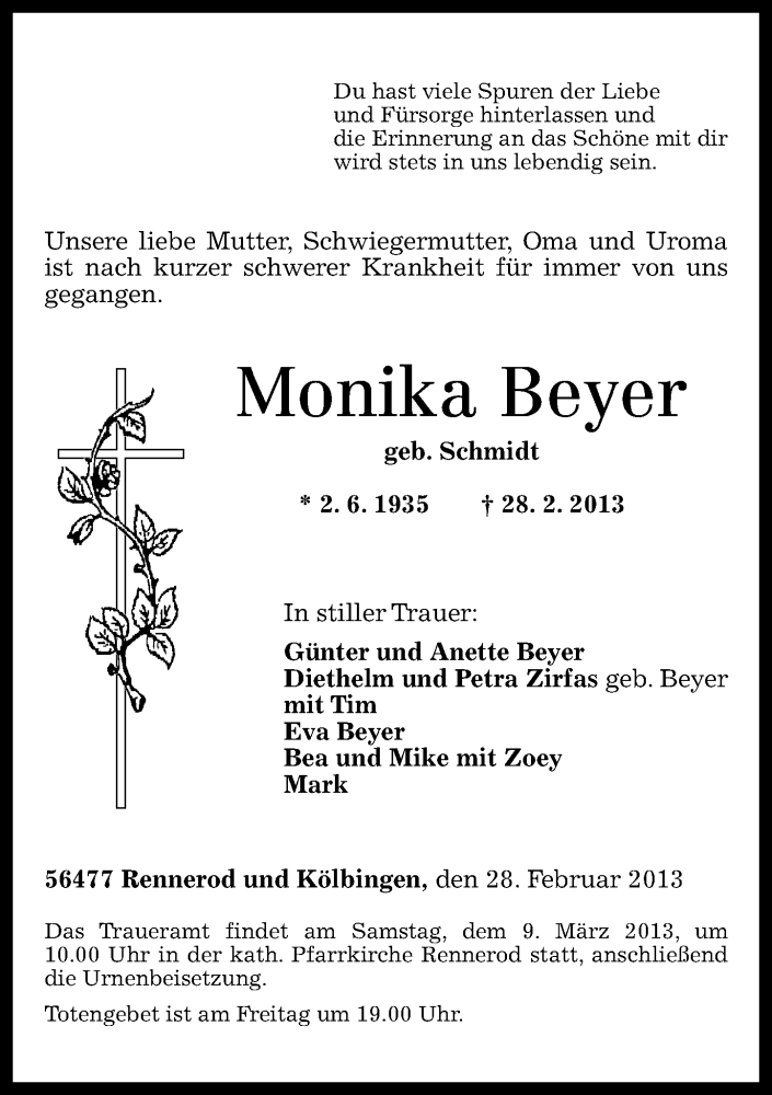  Traueranzeige für Monika Beyer vom 06.03.2013 aus Westerwälder Zeitung