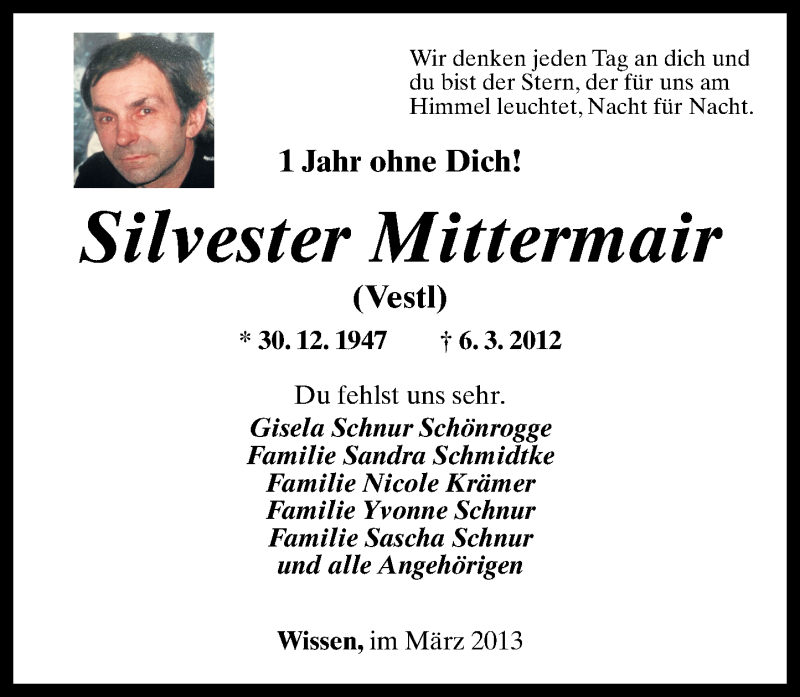  Traueranzeige für Silvester (Vestl) Mittermair vom 06.03.2013 aus Rhein-Zeitung