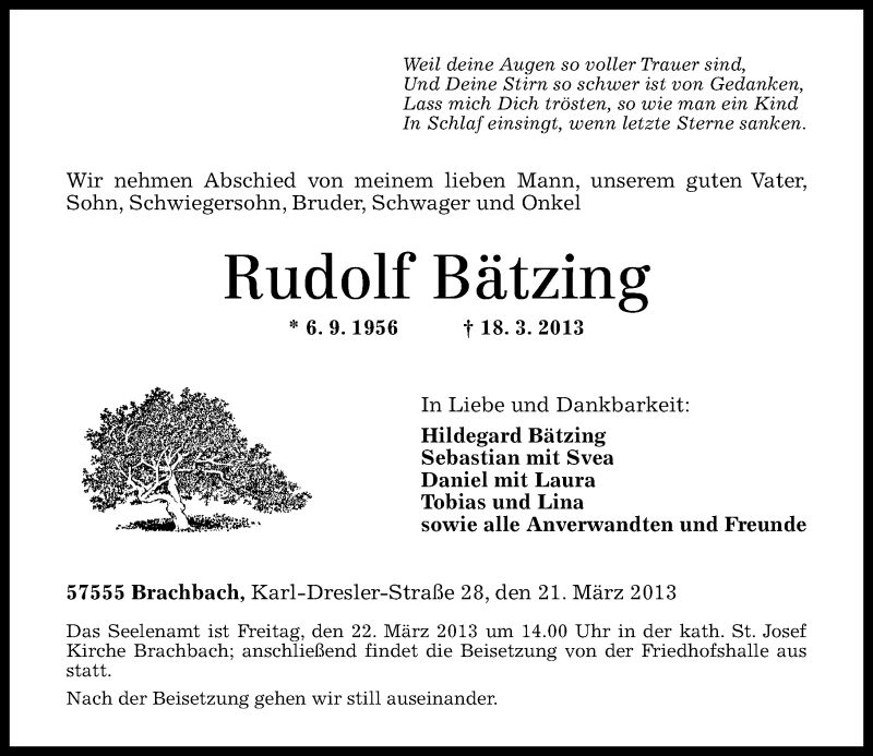 Traueranzeige für Rudolf Bätzing vom 21.03.2013 aus Rhein-Zeitung