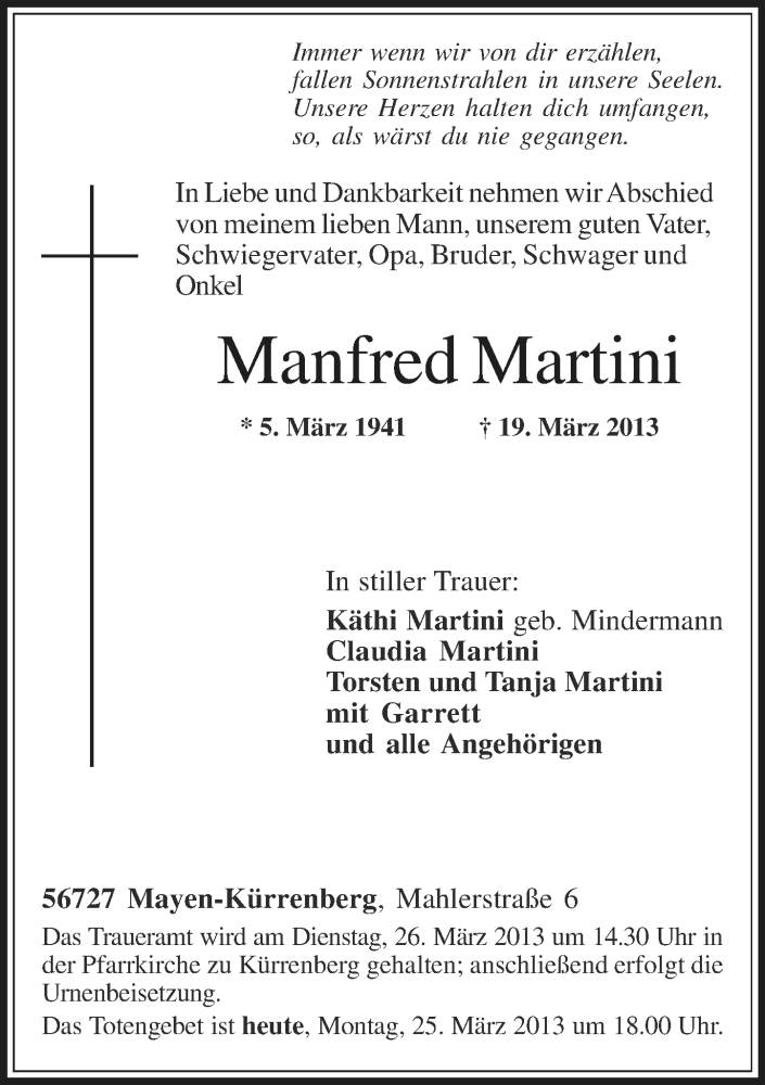  Traueranzeige für Manfred Martini vom 25.03.2013 aus Rhein-Zeitung