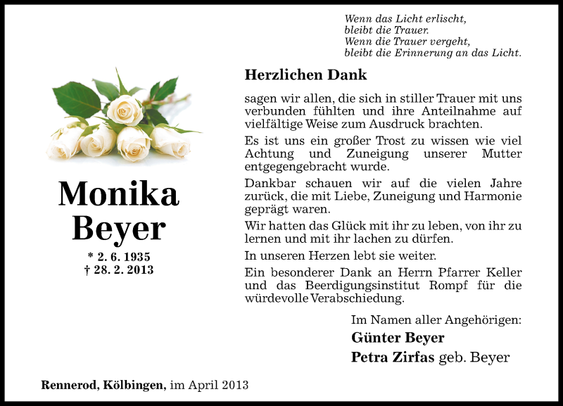  Traueranzeige für Monika Beyer vom 06.04.2013 aus Westerwälder Zeitung