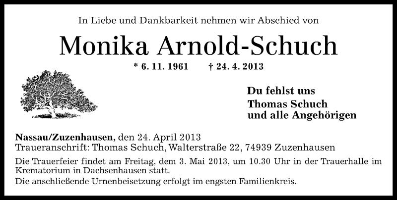  Traueranzeige für Monika Arnold-Schuch vom 30.04.2013 aus Rhein-Lahn-Zeitung