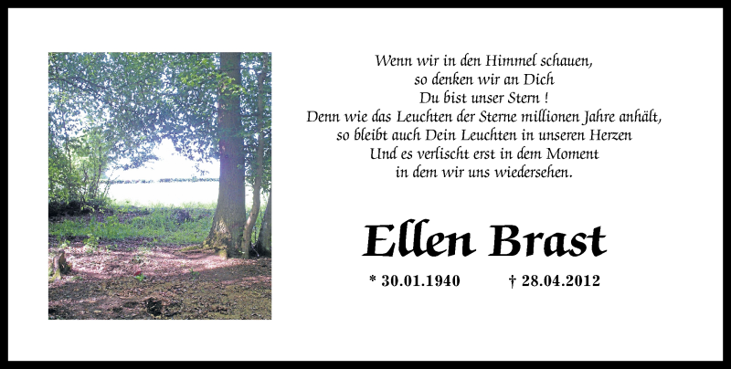 Traueranzeige für Ellen Brast vom 27.04.2013 aus Westerwälder Zeitung