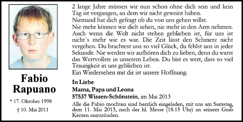  Traueranzeige für Fabio Rapuano vom 10.05.2013 aus Rhein-Zeitung