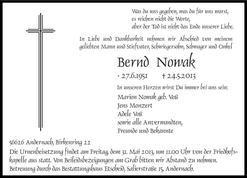  Traueranzeige für Bernd Nowak vom 29.05.2013 aus Rhein-Zeitung