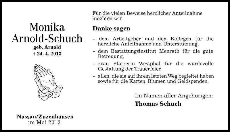  Traueranzeige für Monika Arnold-Schuch vom 01.06.2013 aus Rhein-Lahn-Zeitung