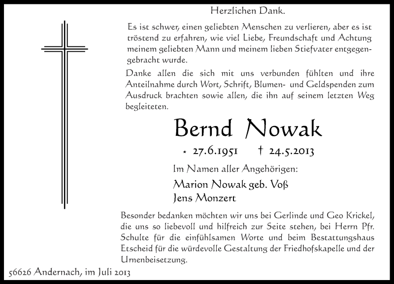  Traueranzeige für Bernd Nowak vom 06.07.2013 aus Rhein-Zeitung