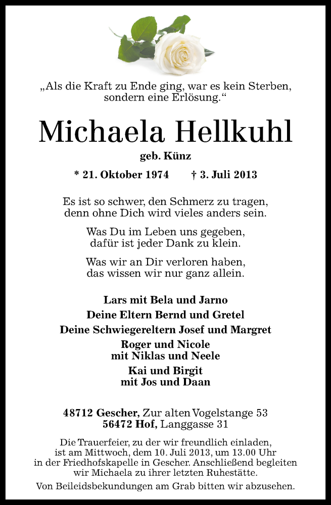  Traueranzeige für Michaela Hellkuhl vom 06.07.2013 aus Westerwälder Zeitung