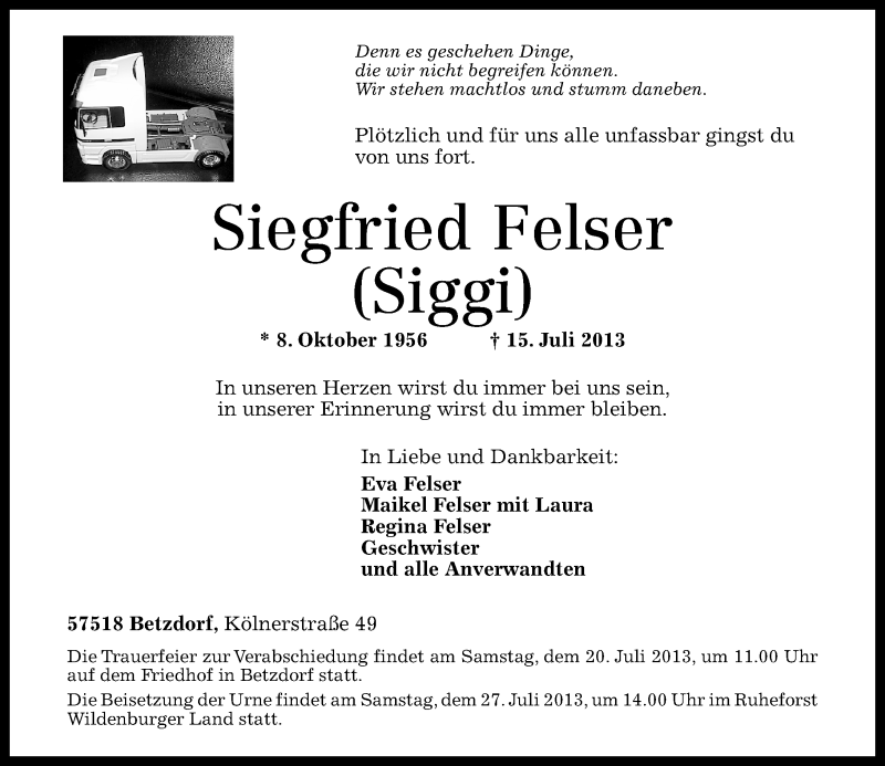  Traueranzeige für Siegfried Felser vom 18.07.2013 aus Rhein-Zeitung