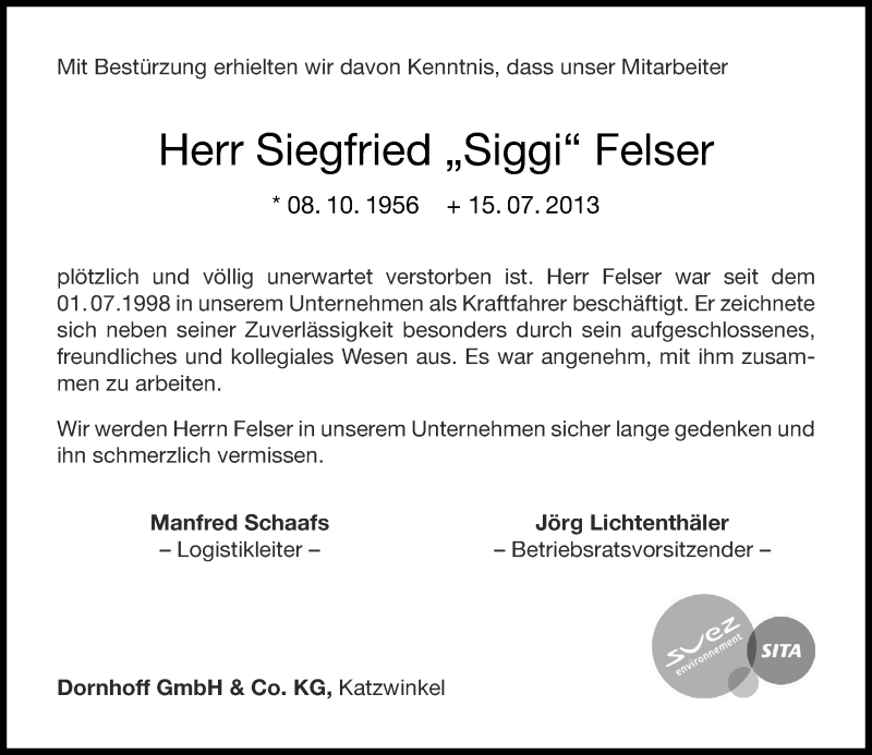  Traueranzeige für Siegfried Felser vom 19.07.2013 aus Rhein-Zeitung